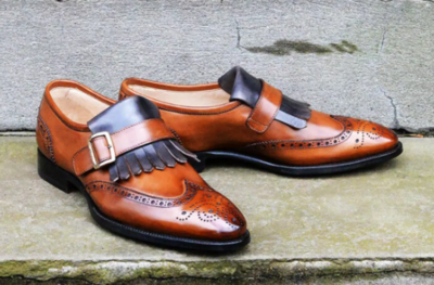 New Handmade Leather Wingtip Brogue Fringes Monk Strap Dress Shoes For Men's