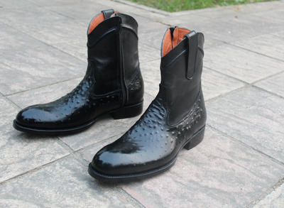 Crafted Leather Men's Black Ostrich Zip-Up Long Boot - Full-Quill Zipper Cowboy Boots