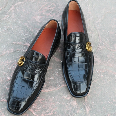 Crafted leather classic handmade black crocodile/alligator moccasin dress formal loafers shoes - Thumbnail 4