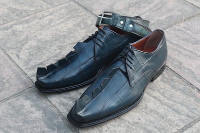 Crafted Leather Handmade Blue Hornback Exotic Crocodile Leather Oxford Lace up Shoes with Matching Belt