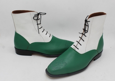 Crafted Leather Handmade Men Two Tone Lace Up Boots , Green & White Ankle High Dress Boots