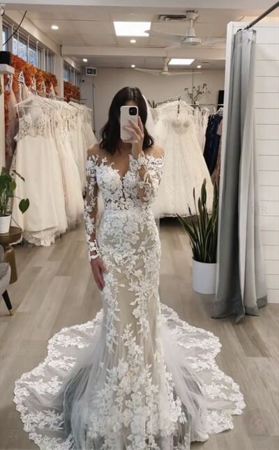 Simple Mermaid Lace Appliques Long Sleeve Beach Boho Wedding Dress Bridal Gowns