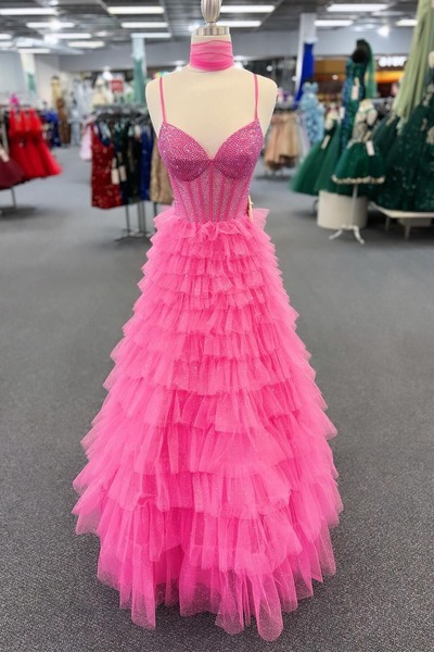 Cute V Neck Pink Tiered Tulle Long Prom Dresses,PD240105