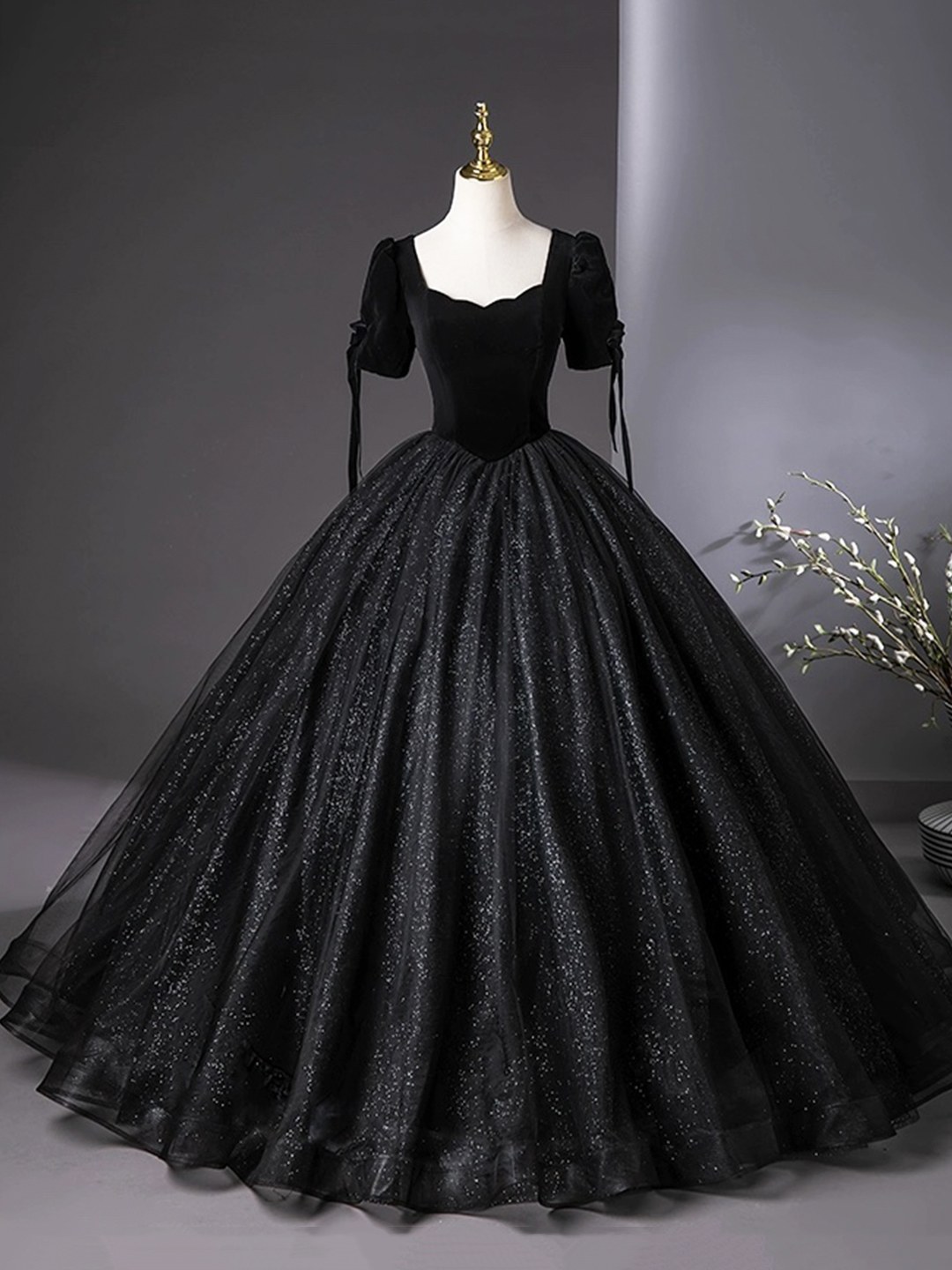Black Velvet and Tulle Long Prom Dress, Elegant A-Line Party Dress