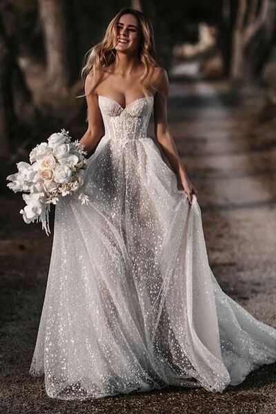 A Line Sequins Lace Beach Boho Wedding Dress Bridal Gowns