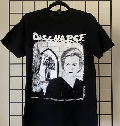 DISCHARGE - WARNING: HER MAJESTY'S GOVERNMENT CAN SERIOUSLY DAMAGE YOUR HEALTH T-SHIRT (SMALL)
