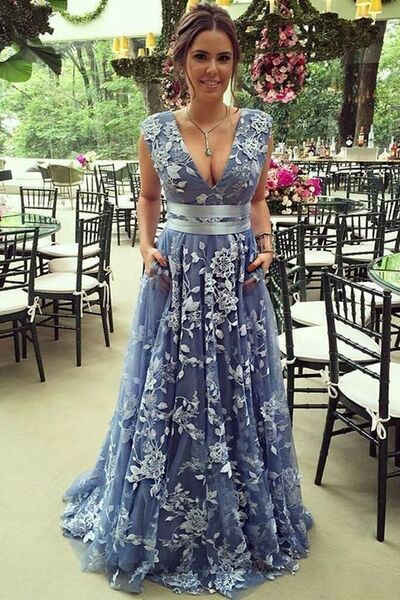 Simple Mother of Bride/ Groom Dress Blue Appliques Evening Formal Gowns Prom Dress