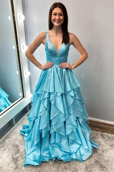 Ball Gown V Neck Organza Ruffle Long Prom Dresses,PD240112
