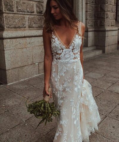 Elegant Mermaid Lace Appliques Beach Boho Wedding Dress Bridal Gowns