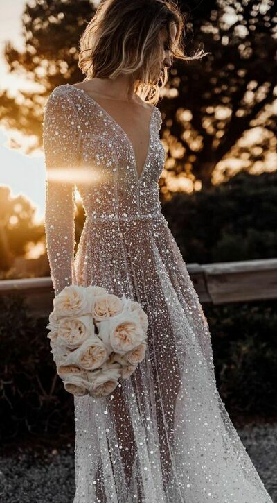 Elegant A Line Sequins Lace Beach Boho Wedding Dress Bridal Gowns