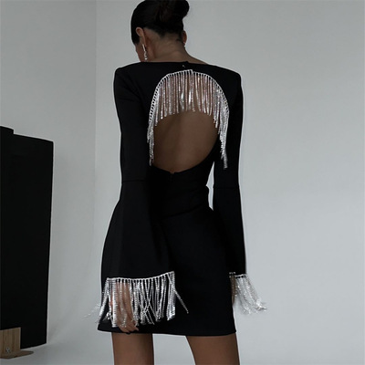 Black Venetian Lady Style Fringed Party Dress with Cutout Back Long Flare Sleeves