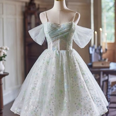 Light green tulle short a-line party dress, lovely off the shoulder evening dress - Thumbnail 1
