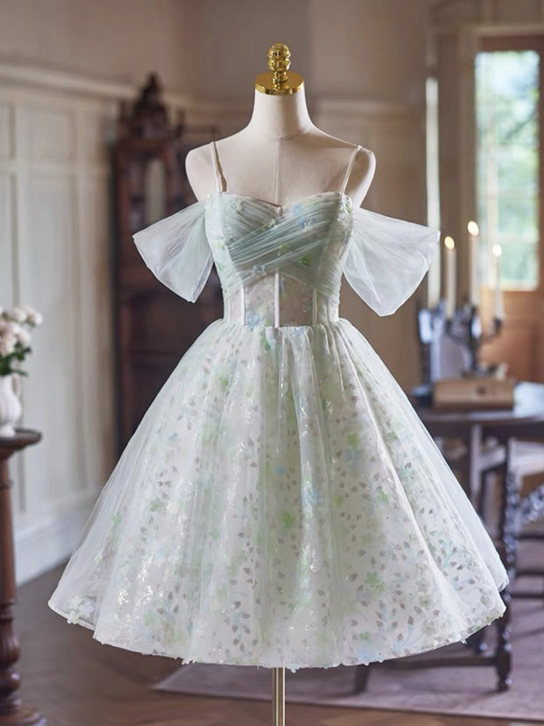 Light Green Tulle Short A-Line Party Dress, Lovely Off the Shoulder Evening Dress