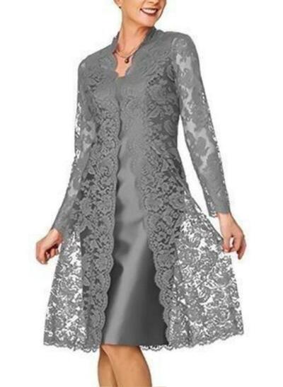Elegant Mother of Bride/ Groom Dress Grey Sheath Lace Tea-length Evening Formal Gowns Prom Dress