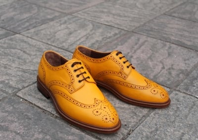 Crafted Leather Classic New Handmade Mens Full Brogue Yellow Leather Wing-tip Dress Shoes