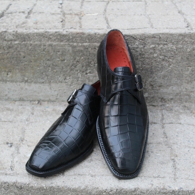 Crafted leather classic handmade black crocodile/alligator leather monk strap dress shoes for men - Thumbnail 3