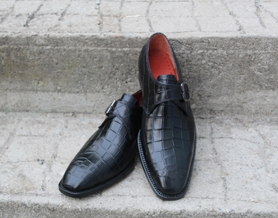 Crafted Leather Classic Handmade Black Crocodile/Alligator Leather Monk Strap Dress Shoes For Men