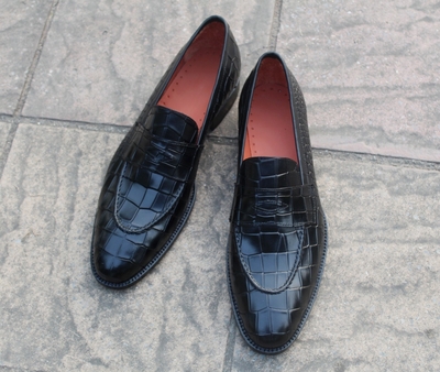 Crafted Leather Handmade Black Crocodile/Alligator Leather Moccasin Loafers Shoes