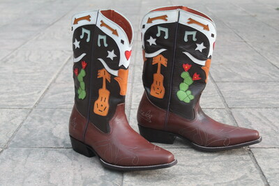 Crafted Leather Brown Leather Men Cowboy Pointed Toe Fancy Long Western Boot