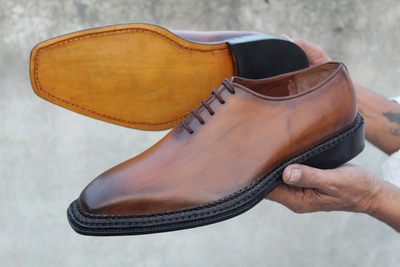 Crafted Leather Handmade Men Brown Patina Leather Norwegian Welted Oxford Lace up Dress Shoes