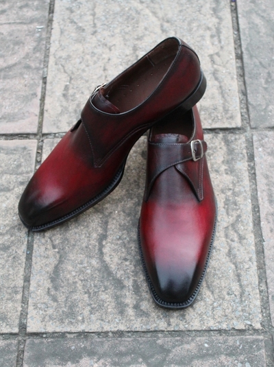 Crafted Leather Mens Burgundy Leather Monk Strap Dress Shoes