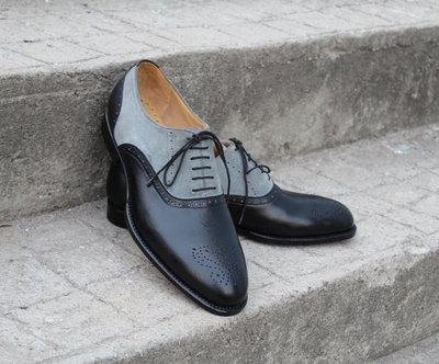 Crafted Leather Classic Black Calf Gray Suede Leather Dress Shoes