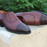 Crafted Leather Classic Brown Leather Wingtip Oxford Mens Dress Shoes - Thumbnail 1