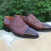 Crafted Leather Classic Brown Leather Wingtip Oxford Mens Dress Shoes - Thumbnail 2