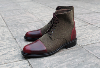 Crafted Leather Brown and Tweed Leather Handmade Men Ankle High Lace up Boot