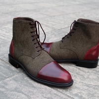 Crafted Leather Brown and Tweed Leather Handmade Men Ankle High Lace up Boot - Thumbnail 2