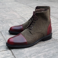 Crafted Leather Brown and Tweed Leather Handmade Men Ankle High Lace up Boot - Thumbnail 4