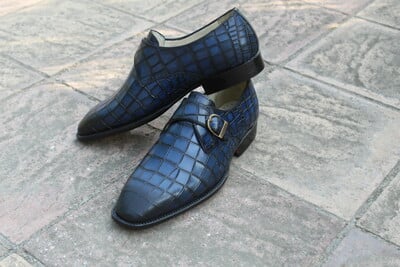 Crafted Leather Handmade Men Blue Crocodile Texture Leather Monk Strap Shoes