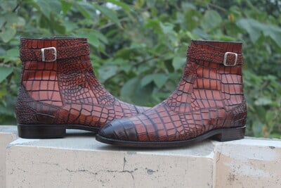 Crafted Leather Classic Brown Crocodile/Alligator Strap Jodhpur Boot
