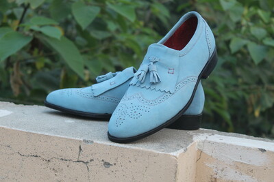 Crafted Leather Elegance Blue Suede Leather Wingtip Fringes Tassel Loafers Dress Shoes