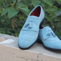 Crafted Leather Elegance Blue Suede Leather Wingtip Fringes Tassel Loafers Dress Shoes - Thumbnail 1