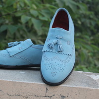 Crafted Leather Elegance Blue Suede Leather Wingtip Fringes Tassel Loafers Dress Shoes - Thumbnail 2