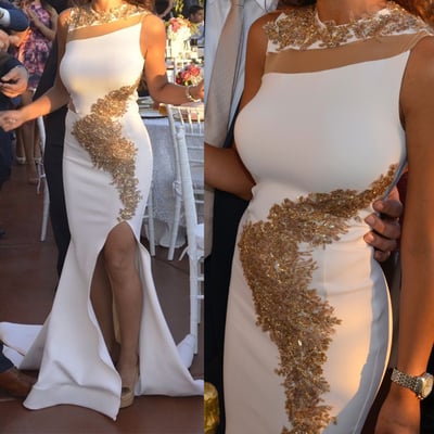 White prom dresses slit with gold appliques - Thumbnail 1