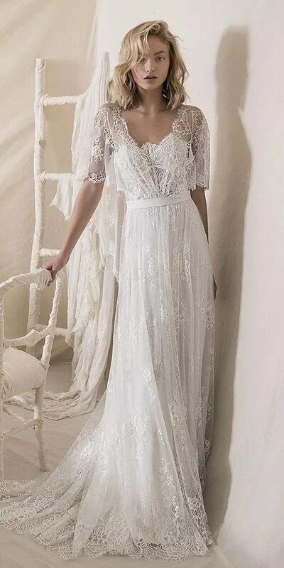 Elegant A Line Lace Appliques Beach Boho Wedding Dress Bridal Gowns