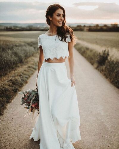 Simple Two Pieces Lace Beach Boho Wedding Dress Bridal Gowns