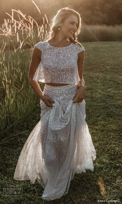 Simple Two Pieces Sequins Lace Beach Boho Wedding Dress Bridal Gowns