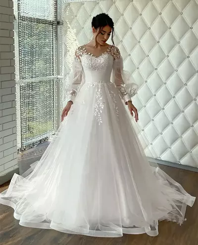 Wedding Dress Jewel neck Classic Lace Appliques Bride Formal Event Dresses Elegant Tulle Long Bridal Gown Boho