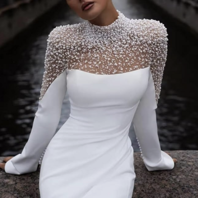 Prom dresses white evening gown with stunning pearls - Thumbnail 1