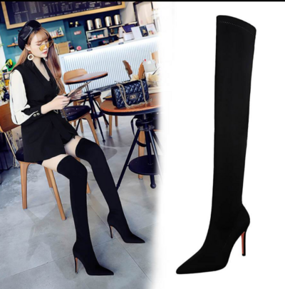 Black Lycra Point Toe Stretch High Heel Over Knee Boots