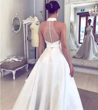 Simple A Line Wedding Dresses For Women White Satin Halter Neck Illusion Button Back Bridal Gowns Sweep Train Sleeveless