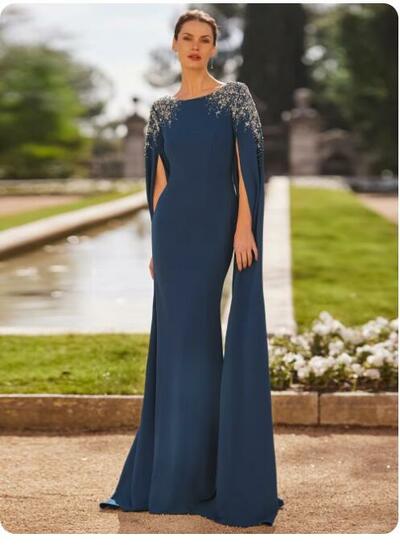 Simple Blue Mother of Bride/ Groom Dress with Shawl Evening Formal Gowns Prom Dress