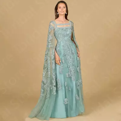 Gorgeous Mother of the Bride /Groom Dresses Lace Mother Gowns Long Sleeves Wedding Party Gowns Blue Appliqued