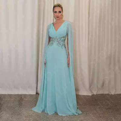 Sky Blue Mother of the Bride/ Groom Dresses Arabic Mother Gowns V Neck Wedding Party Dresses Beading Appliqued