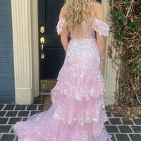 Sequin-Embroidery Tiered pink Prom Dress Off-the-Shoulder - Thumbnail 1