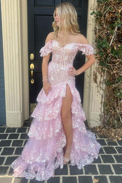 Sequin-Embroidery Tiered pink Prom Dress Off-the-Shoulder