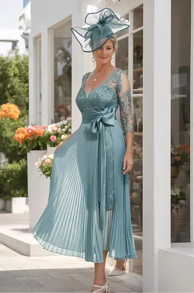 Two Piece Sheath / Column Mother of the Bride/ Groom Dress Elegant detachable V Neck Lace 3/4 Length Sleeve with Bow